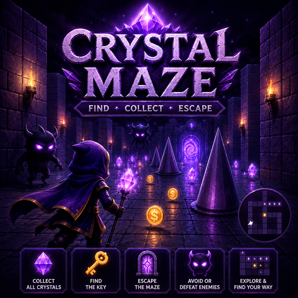 Official Crystal Maze artwork with crystals, a key and a glowing portal