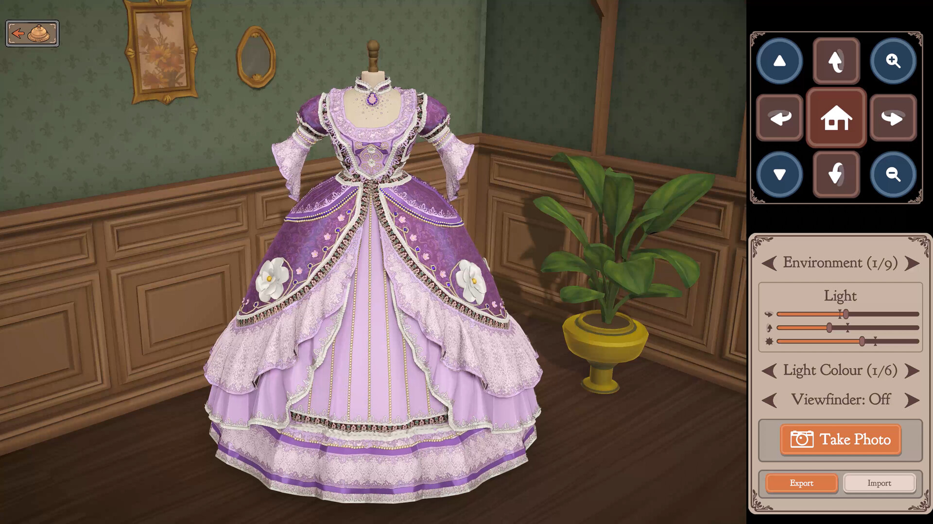 A completed purple dress displayed with camera and lighting controls
