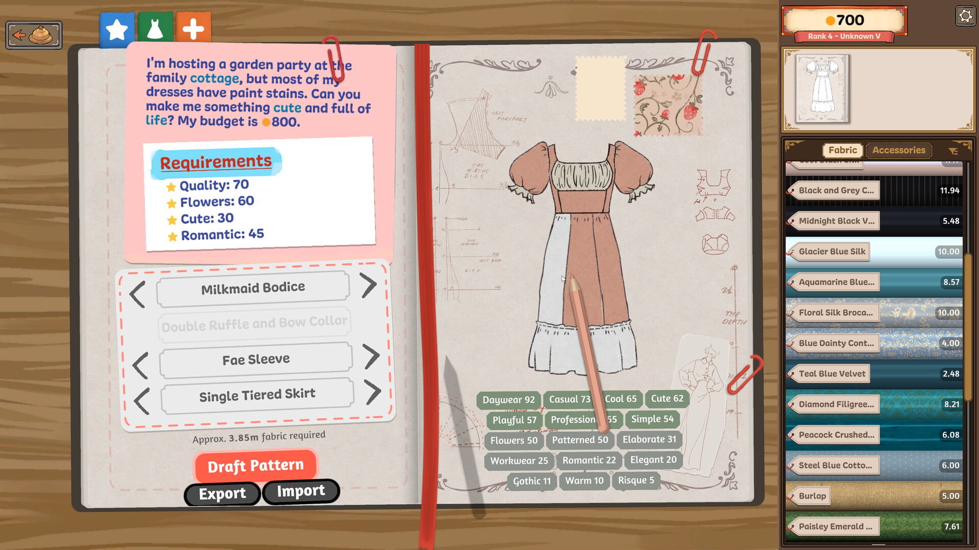 Dressmaker design book showing garment shapes, customer requirements and fabrics
