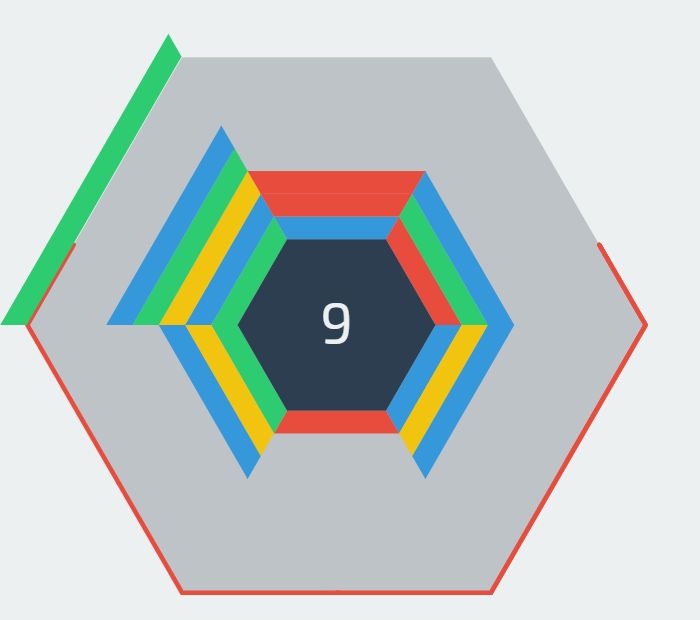 Later in the same run: the score is 9 after a clear, with mixed-color layers still on the board.