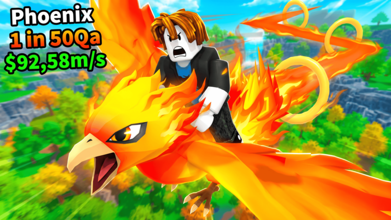 Ride A Pet official artwork showing a Roblox character riding a fiery phoenix
